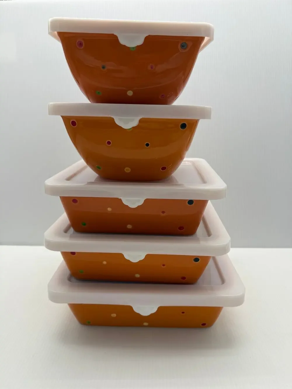 Set of 5 Temp-Tations Orange Polka Dot Casserole Baking Dishes w/ Lids